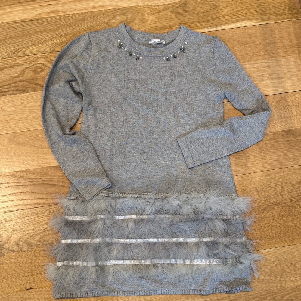 Mayoral Gray dress, with Feather and Bead Accents